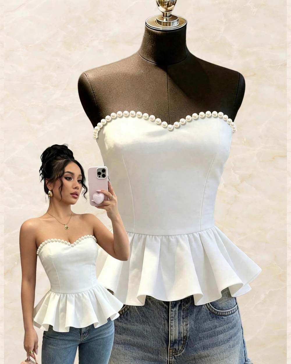 Blusa blanca strapless con corte peplum., aislado sobre mármol marfil