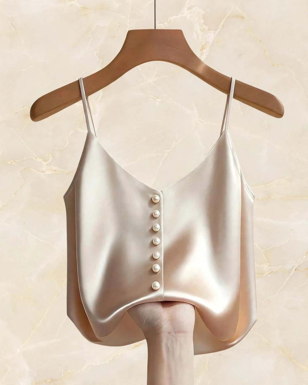 Blusa satinada tirantes botones perla, aislado sobre mármol marfil