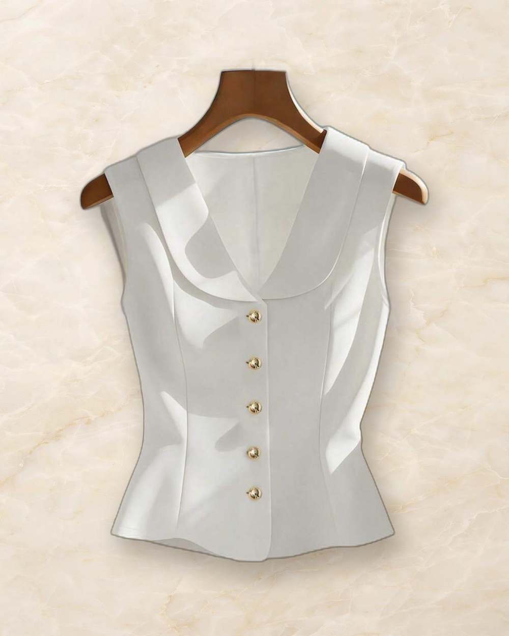 Chaleco blanco sin mangas con corte peplum., aislado sobre mármol marfil