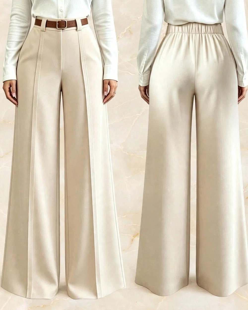 Pantalon beige ancho cintura elastica, aislado sobre mármol marfil