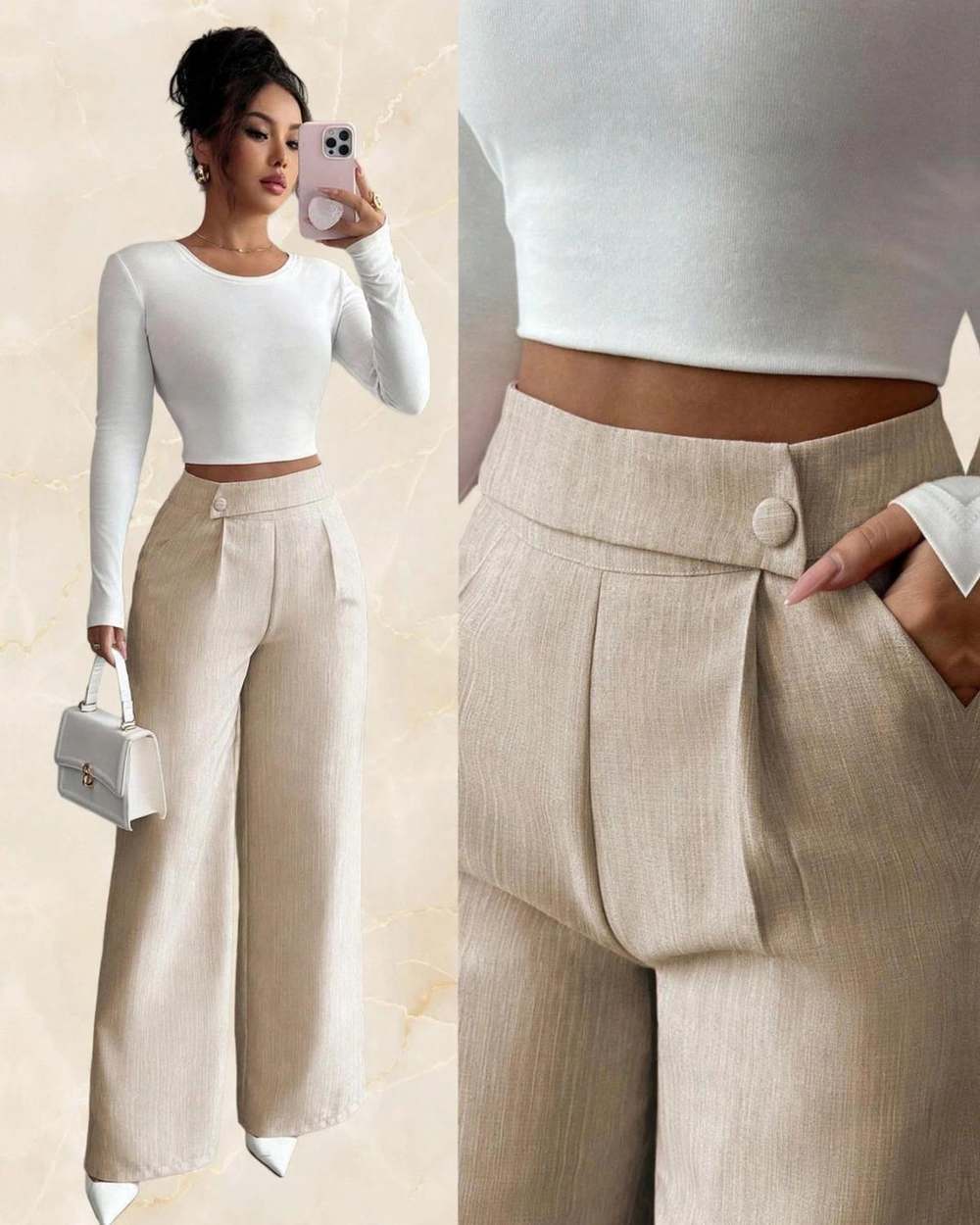Pantalon beige ancho boton, aislado sobre mármol marfil